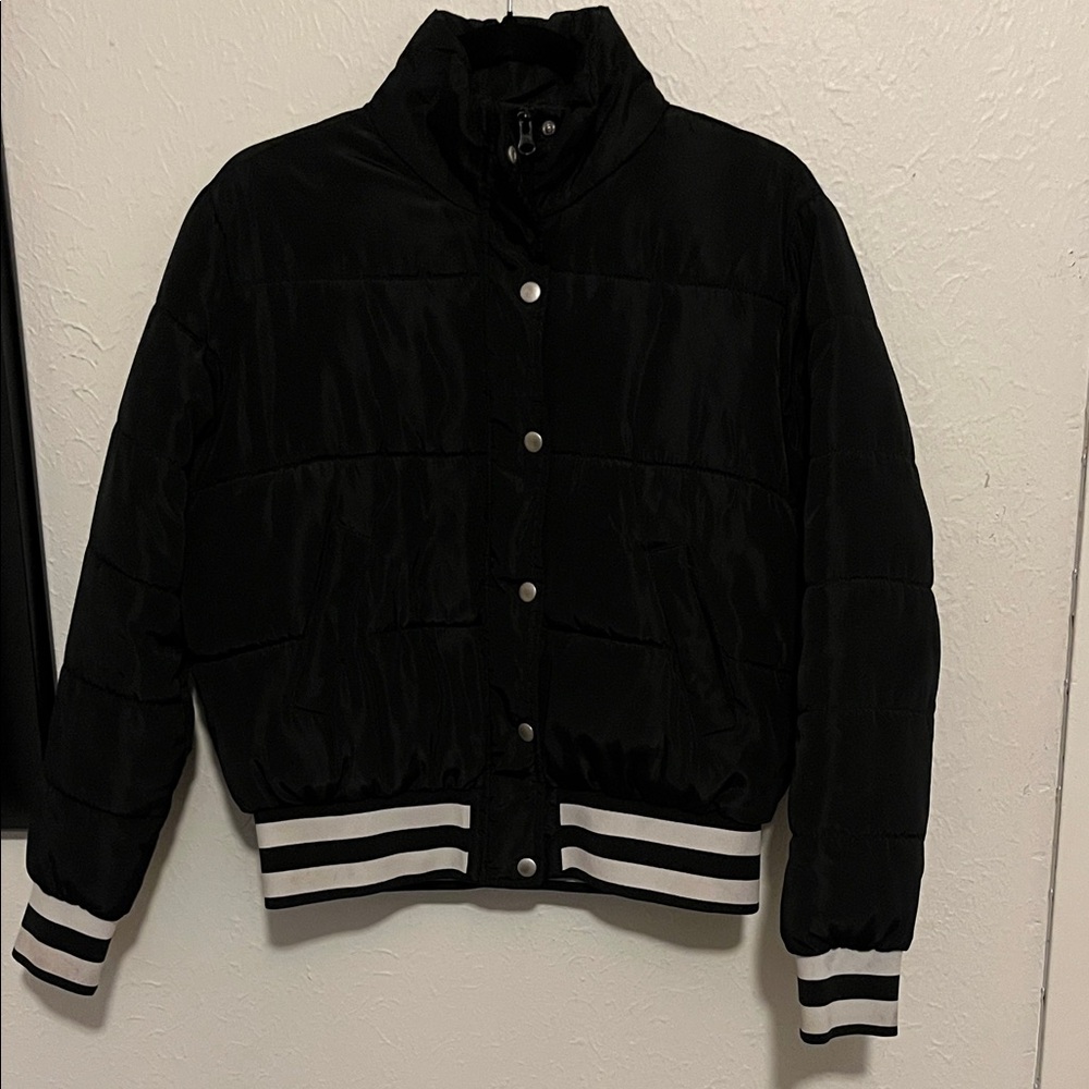 Fashion Nova Black Bomber Jacket with Striped Cuffs